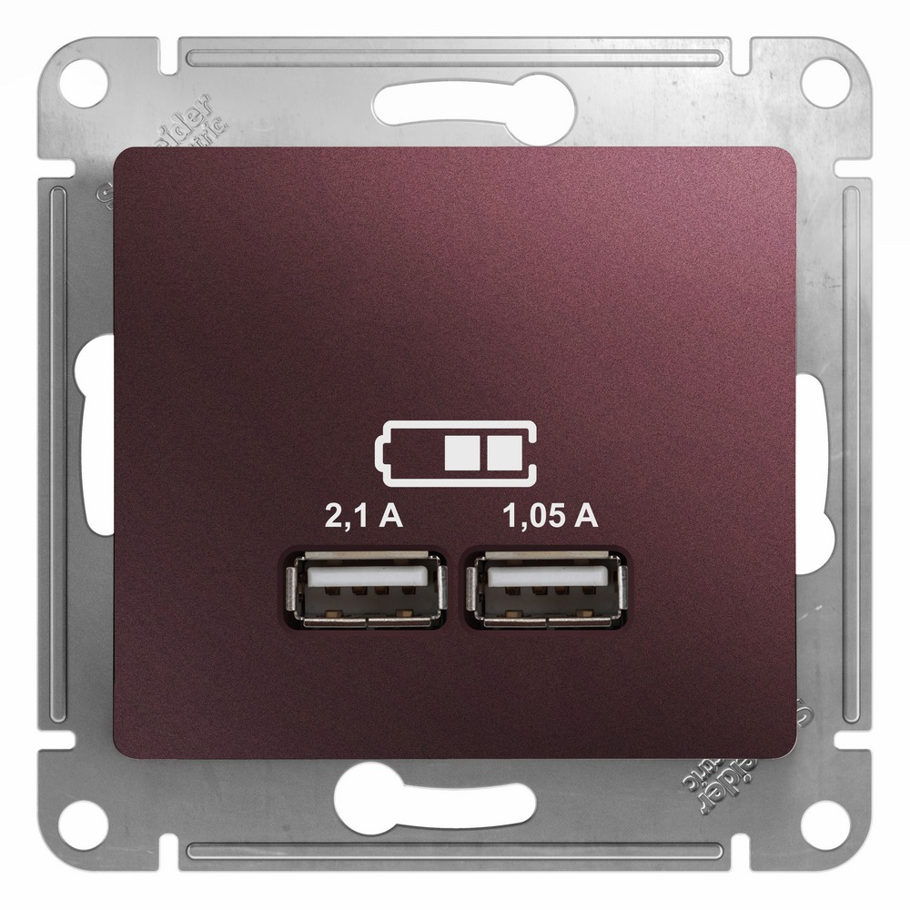 Розетка USB 2-м СП Glossa тип A+A 5В/2100мА 2х5В/1050мА механизм баклажан. SchE GSL001133