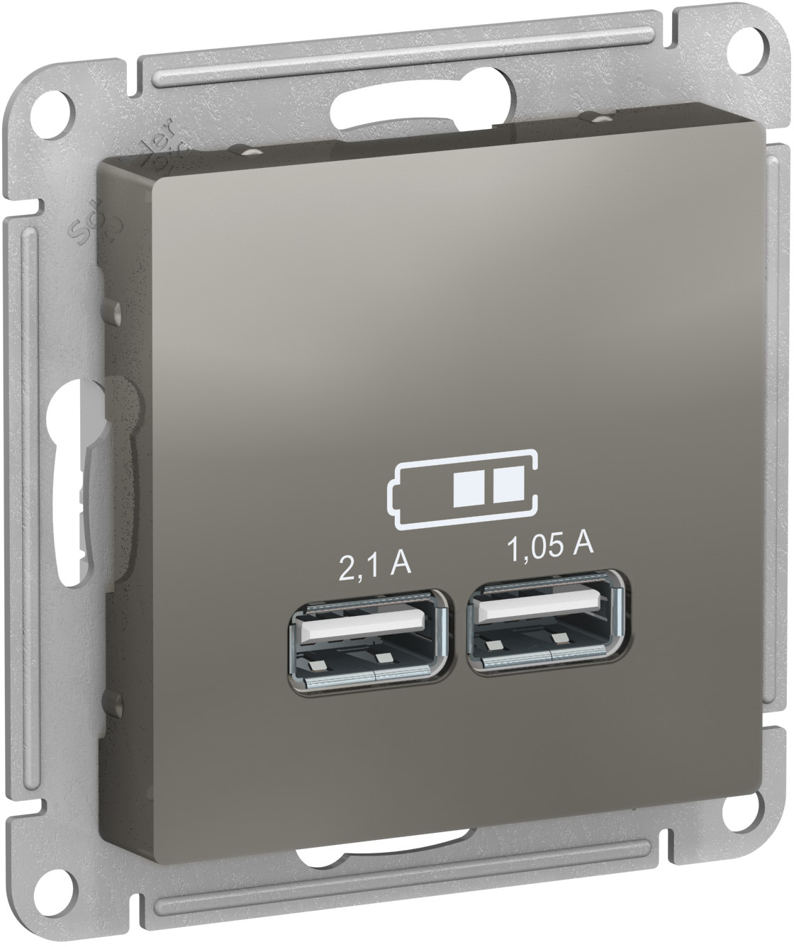 Механизм розетки USB ATLAS DESIGN 5В 1порт х 2.1А 2порта х 1.05А сталь SchE ATN000933