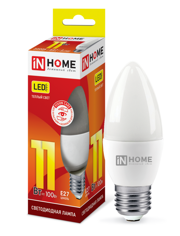 Лампа светодиодная LED-СВЕЧА-VC 11Вт 230В E27 3000К 1050Лм IN HOME 4690612020488