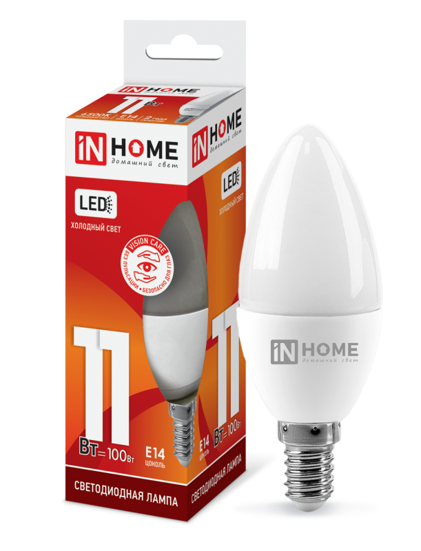 Лампа светодиодная LED-СВЕЧА-VC 11Вт 230В E14 6500К 1050лм IN HOME 4690612024844