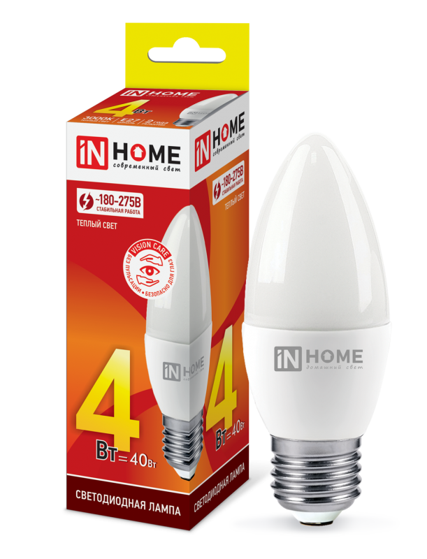 Лампа светодиодная LED-СВЕЧА-VC 4Вт 230В E27 3000К 360лм IN HOME 4690612030111