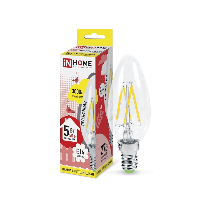 Лампа светодиодная LED-свеча-deco 5Вт 230В E14 3000К 450Лм прозрачная IN HOME 4690612007564 в Ярославле