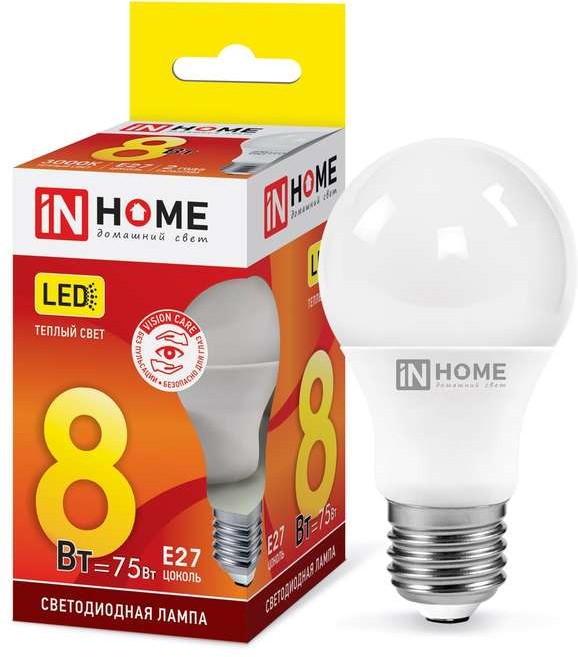 Лампа светодиодная LED-A60-VC 8Вт 230В E27 3000К 720Лм IN HOME 4690612024004