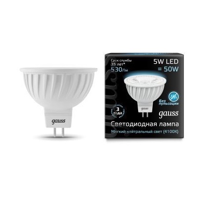 Лампа светодиодная LED MR16 5Вт SMD AC220-240В GU5.3 4100К FROST Gauss 101505205