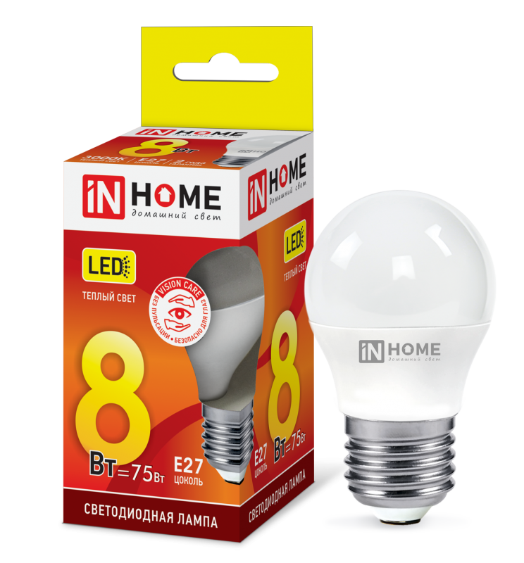 Лампа светодиодная LED-ШАР-VC 8Вт 230В E27 3000К 760Лм IN HOME 4690612020563