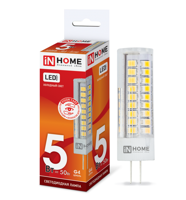 Лампа светодиодная LED-JC 5Вт 12В G4 6500К 480лм IN HOME 4690612036106