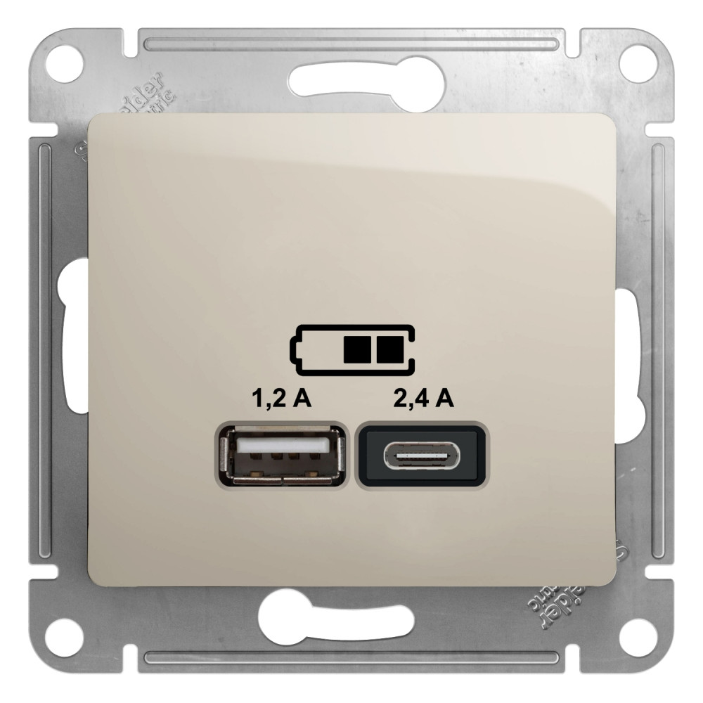 Розетка USB Glossa тип A+C 5В/2.4А 2х5В/1.2А механизм молочн. SchE GSL000939