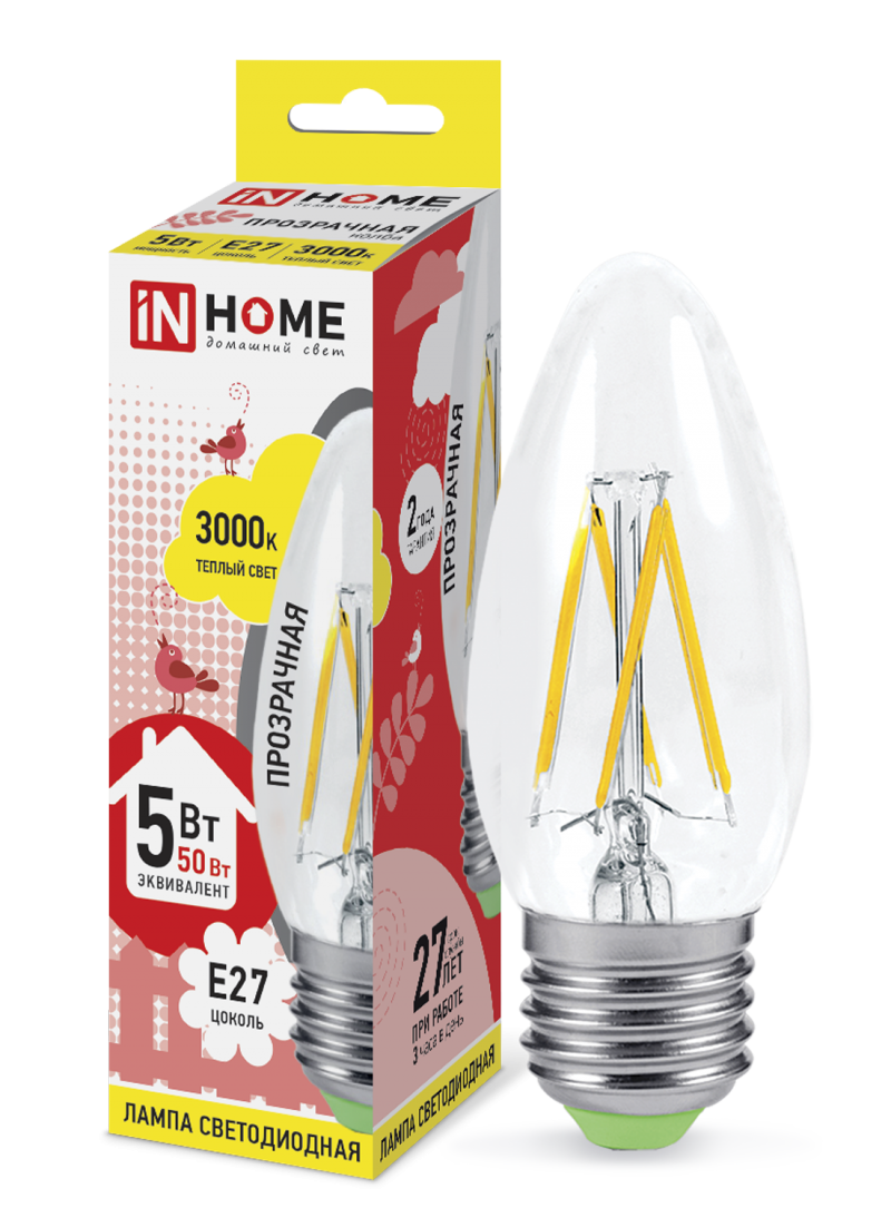 Лампа светодиодная LED-СВЕЧА-deco 5Вт 230В E27 3000К 450Лм прозр. IN HOME 4690612007588