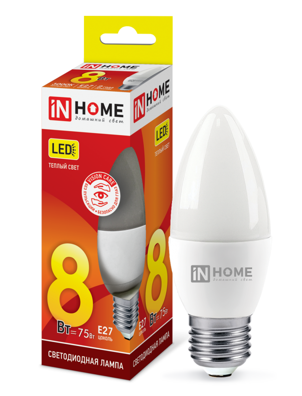 Лампа светодиодная LED-СВЕЧА-VC 8Вт 230В E27 3000К 760Лм IN HOME 4690612020440