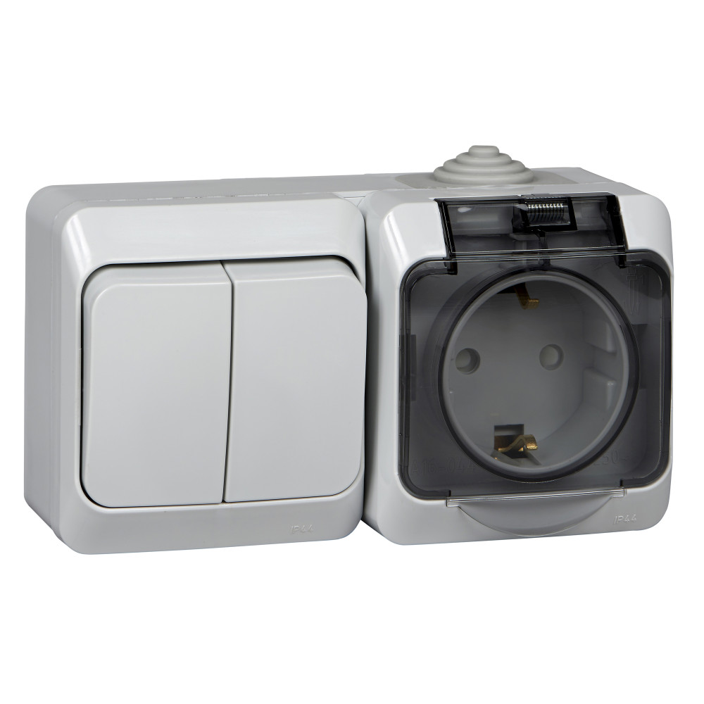 Блок ОП Этюд IP44 серый (2кл выкл.+евророзетка со штор.) SchE BPA16-242C