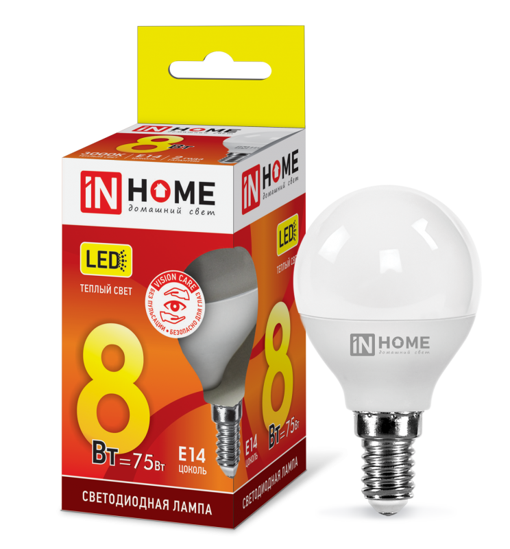 Лампа светодиодная LED-ШАР-VC 8Вт 230В E14 3000К 760Лм IN HOME 4690612020549