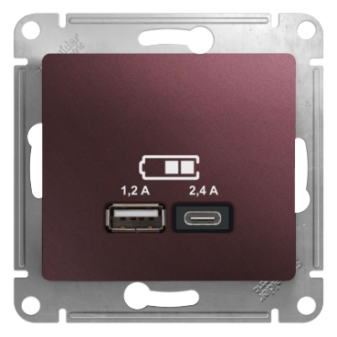 Розетка USB Glossa тип A+C 5В/2.4А 2х5В/1.2А механизм баклажан. SchE GSL001139
