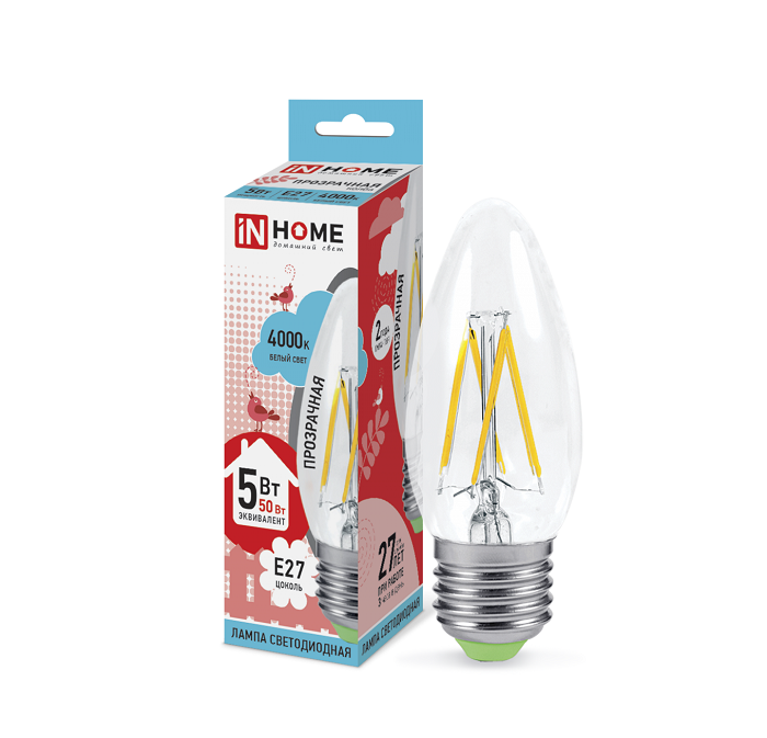 Лампа светодиодная LED-свеча-deco 5Вт 230В E27 4000К 450Лм прозрачная IN HOME 4690612007595