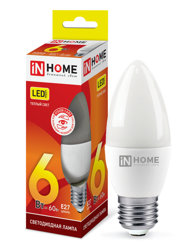 Лампа светодиодная LED-СВЕЧА-VC 6Вт 230В E27 3000К 570Лм IN HOME 4690612020402