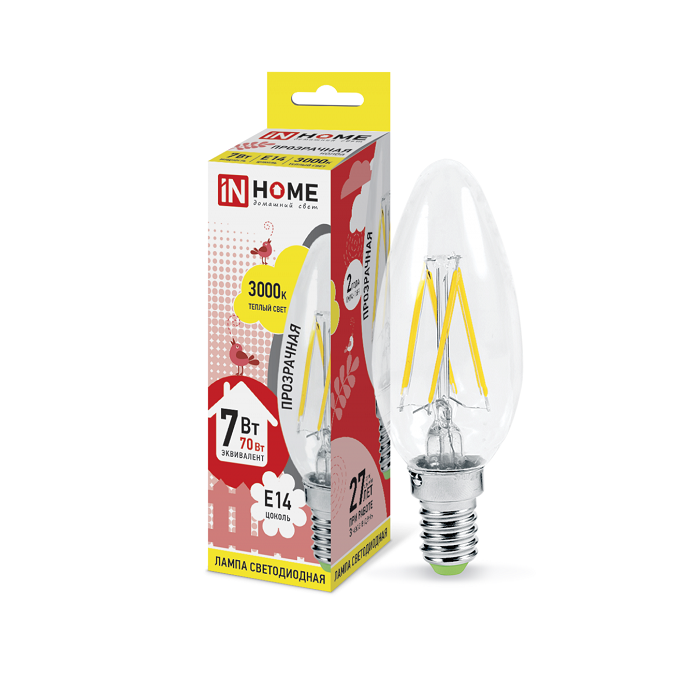 Лампа светодиодная LED-свеча-deco 7Вт 230В E14 3000К 630Лм прозрачная IN HOME 4690612007601