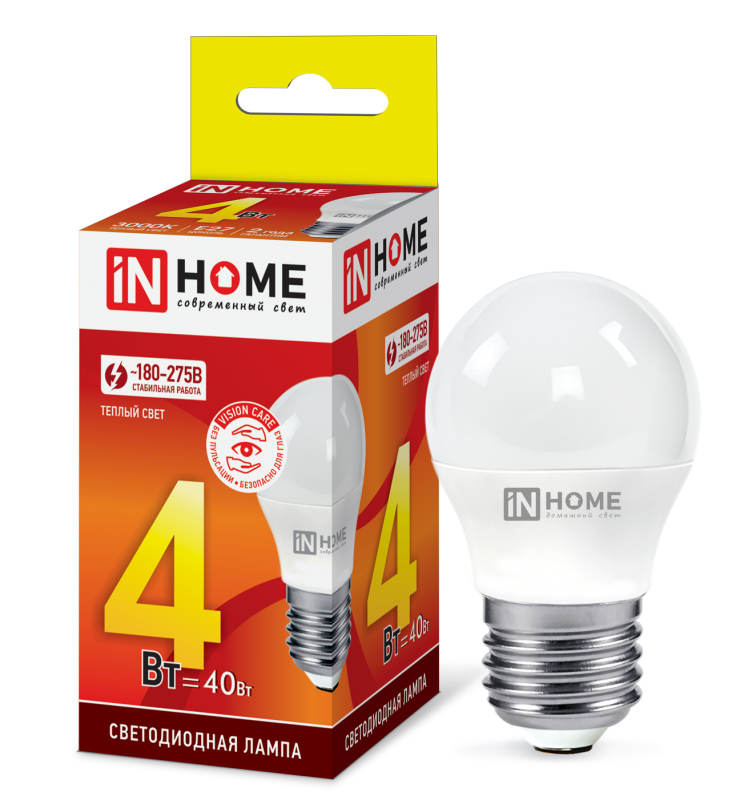 Лампа светодиодная LED-ШАР-VC 4Вт 230В E27 3000К 360лм IN HOME 4690612030579