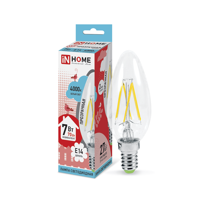 Лампа светодиодная LED-свеча-deco 7Вт 230В E14 4000К 630Лм прозрачная IN HOME 4690612007618 в Ярославле