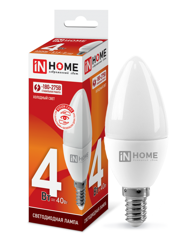 Лампа светодиодная LED-СВЕЧА-VC 4Вт 230В E14 6500К 360лм IN HOME 4690612030135