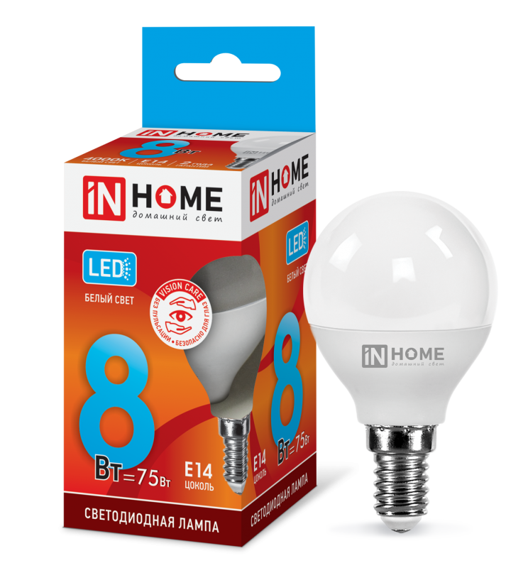 Лампа светодиодная LED-ШАР-VC 8Вт 230В E14 4000К 760Лм IN HOME 4690612020556