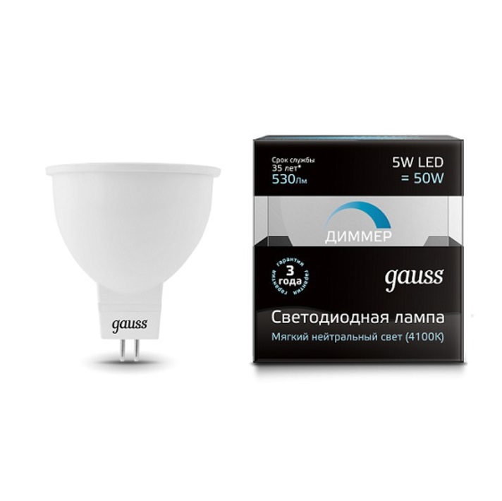 Лампа светодиодная диммируемая MR16 5Вт 4100К белый GU5.3 530лм 180-265В GAUSS 101505205-D в Ярославле