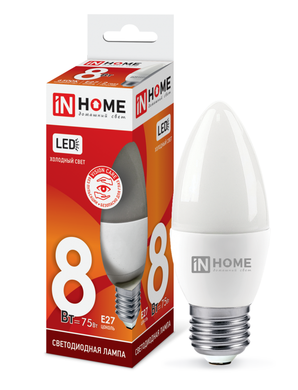 Лампа светодиодная LED-СВЕЧА-VC 8Вт 230В E27 6500К 760лм IN HOME 4690612024820