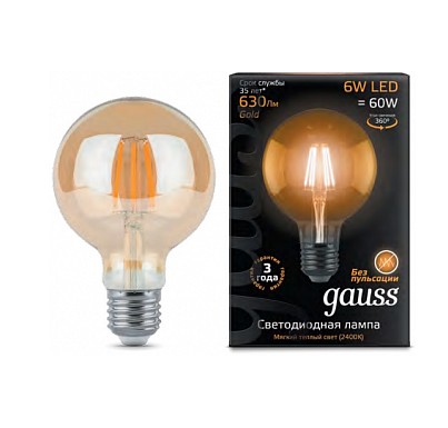 Лампа светодиодная LED Filament G95 E27 6Вт Golden 2400К Gauss 105802006 в Ярославле