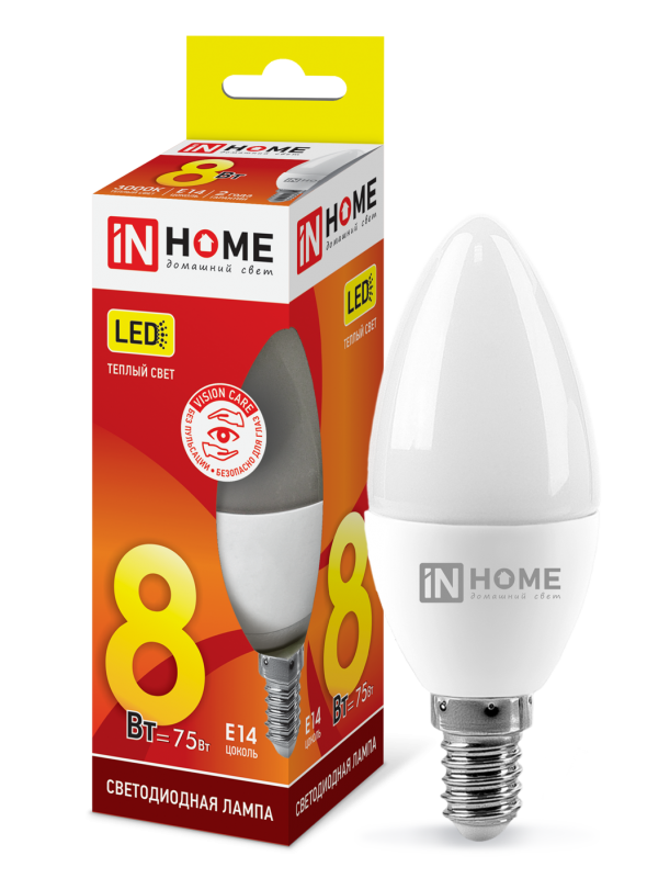 Лампа светодиодная LED-СВЕЧА-VC 8Вт 230В E14 3000К 760Лм IN HOME 4690612020426