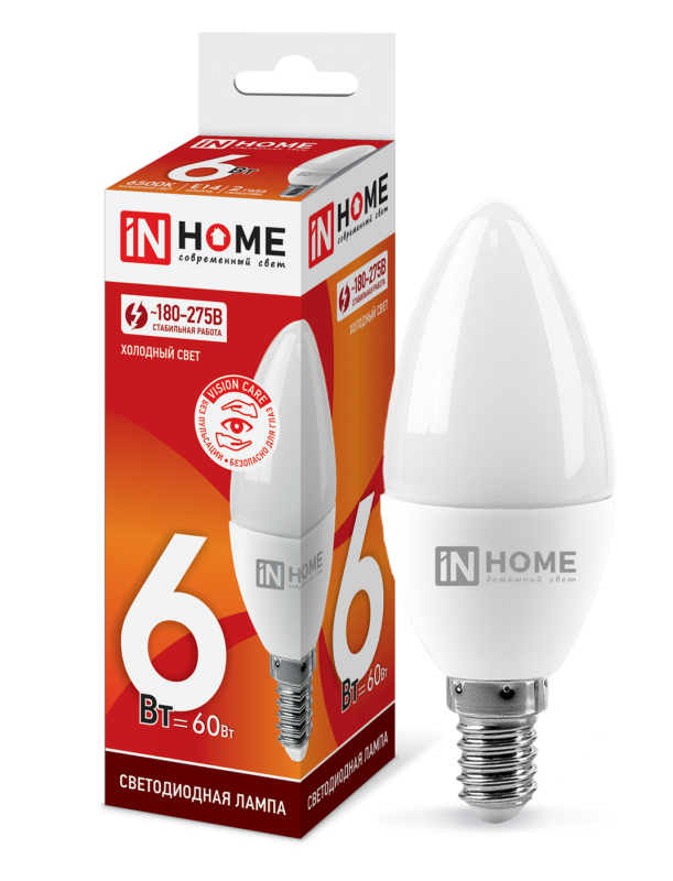 Лампа светодиодная LED-СВЕЧА-VC 6Вт 230В E14 6500К 570лм IN HOME 4690612030333